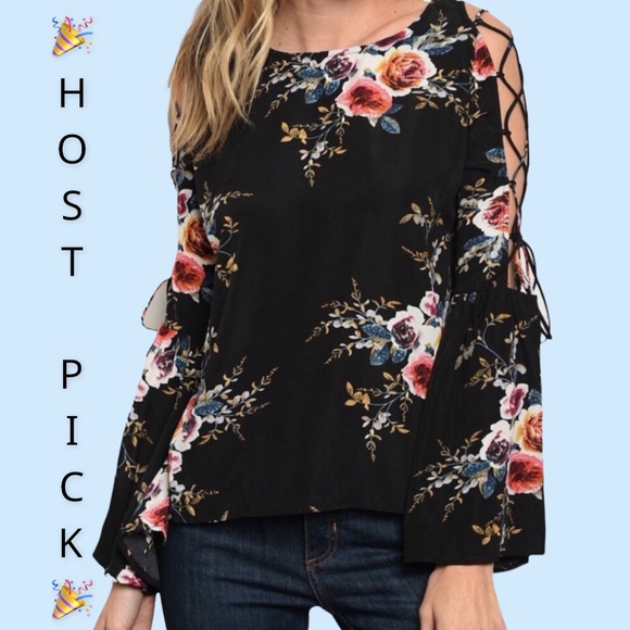 Tops - ❌DONATED❌Black Floral Print Lace Up Bell Sleeve Top